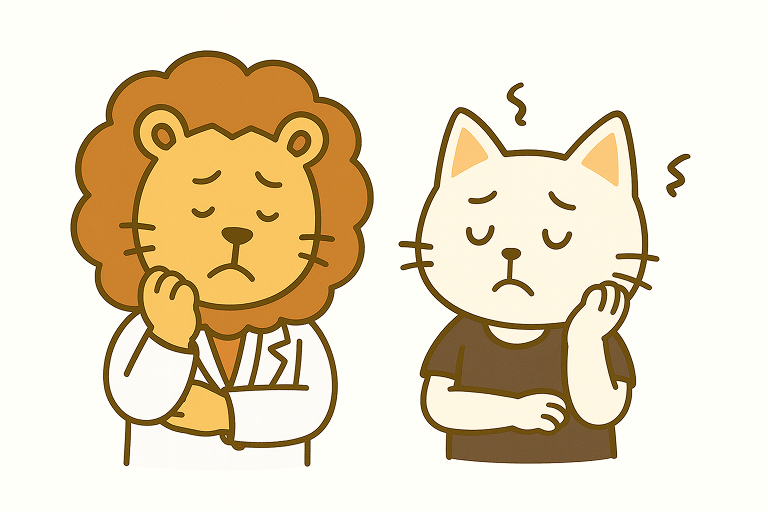 悩むシロとライオン
